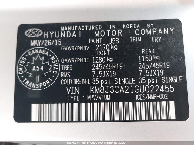 Продажа на аукционе авто 2016 Hyundai Tucson Premium 1.6, vin: KM8J3CA21GU022455, номер лота: 12676274