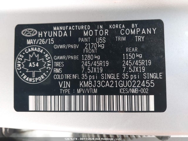 Продажа на аукционе авто 2016 Hyundai Tucson Premium 1.6, vin: KM8J3CA21GU022455, номер лота: 12676274