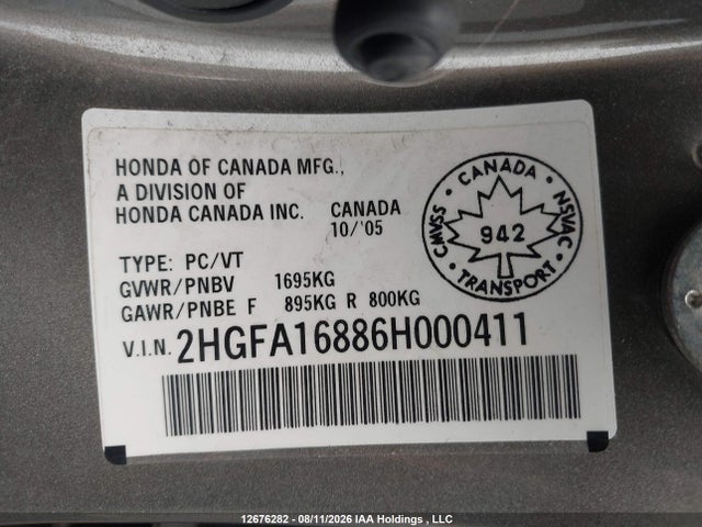 Продажа на аукционе авто 2006 Honda Civic Ex 4dr, vin: 2HGFA16886H000411, номер лота: 12676282