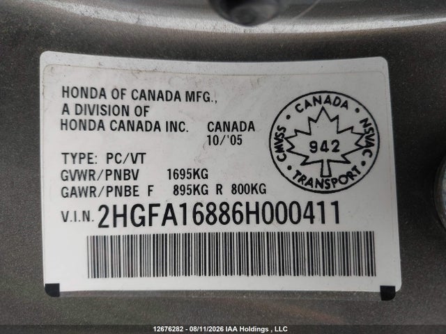 Продажа на аукционе авто 2006 Honda Civic Ex 4dr, vin: 2HGFA16886H000411, номер лота: 12676282