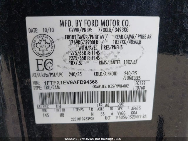 Aukcja sprzedaży 2010 Ford F-150 Fx4/lariat/svt Raptor/xl/xl W/midbox Prep/xlt/xlt W/midbox Prep, vin: 1FTFX1EV9AFD94368, numer aukcji: 12654516