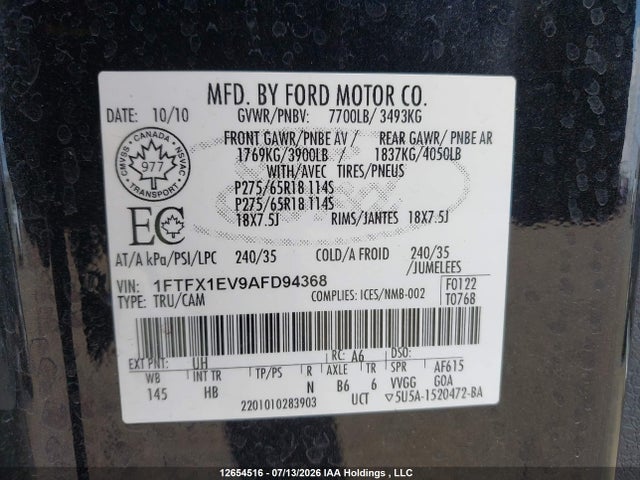 Aukcja sprzedaży 2010 Ford F-150 Fx4/lariat/svt Raptor/xl/xl W/midbox Prep/xlt/xlt W/midbox Prep, vin: 1FTFX1EV9AFD94368, numer aukcji: 12654516