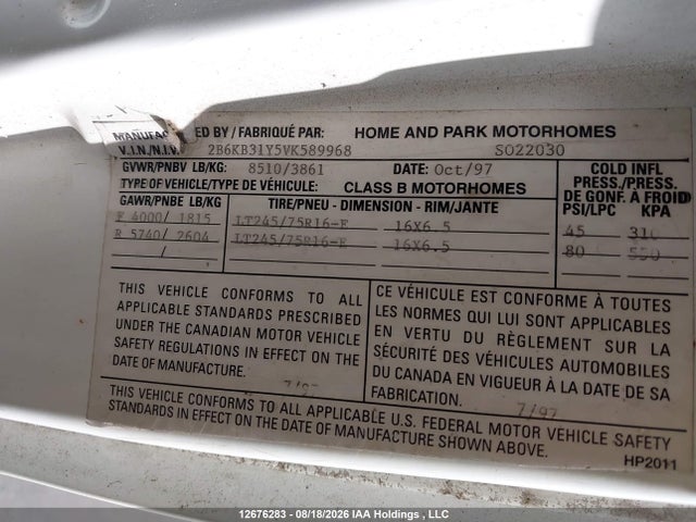 12676283 :رقم المزاد ، 2B6KB31Y5VK589968 vin ، 1997 Dodge Ram Van B3500 مزاد بيع