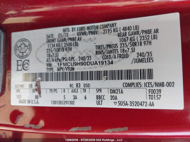 12662036 :رقم المزاد ، 1FMCU9H90DUA19134 vin ، 2013 Ford Escape Sel مزاد بيع