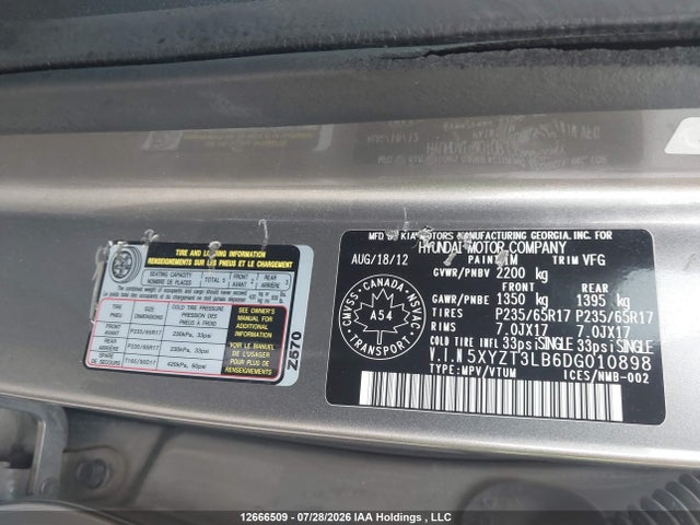 12666509 :رقم المزاد ، 5XYZT3LB6DG010898 vin ، 2013 Hyundai Santa Fe Sport 2.4 Base مزاد بيع
