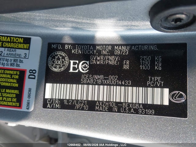 Aukcja sprzedaży 2024 Lexus Es 300h 300h, vin: 58AB21B1XRU014433, numer aukcji: 12668452
