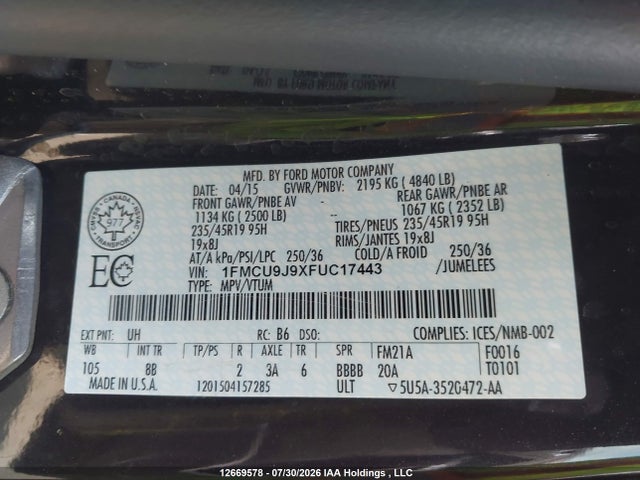 Ford Escape Titanium 2015 1FMCU9J9XFUC17443 Image 20