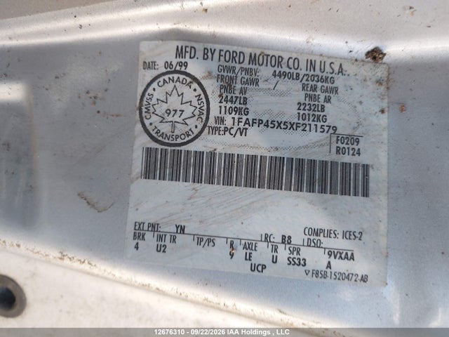 12676310 :رقم المزاد ، 1FAFP45X5XF211579 vin ، 1999 Ford Mustang Gt مزاد بيع