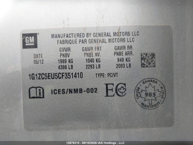 12676315 :رقم المزاد ، 1G1ZC5EU5CF351410 vin ، 2012 Chevrolet Malibu Lt مزاد بيع
