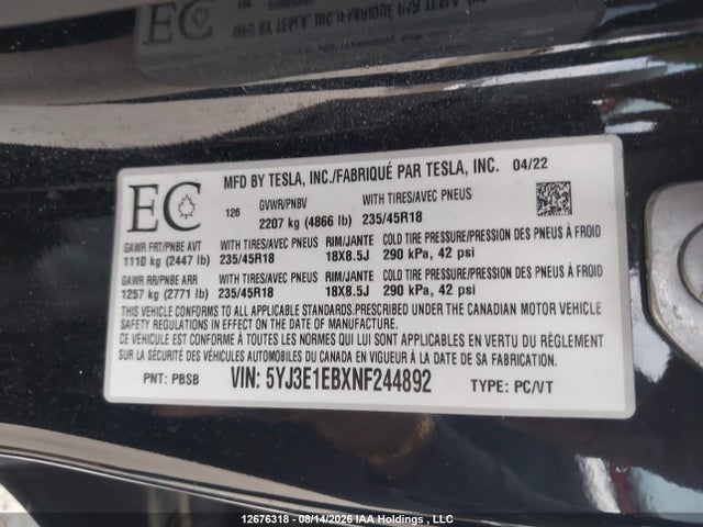 Tesla Model 3 Long Range 2022 5YJ3E1EBXNF244892 Image 9