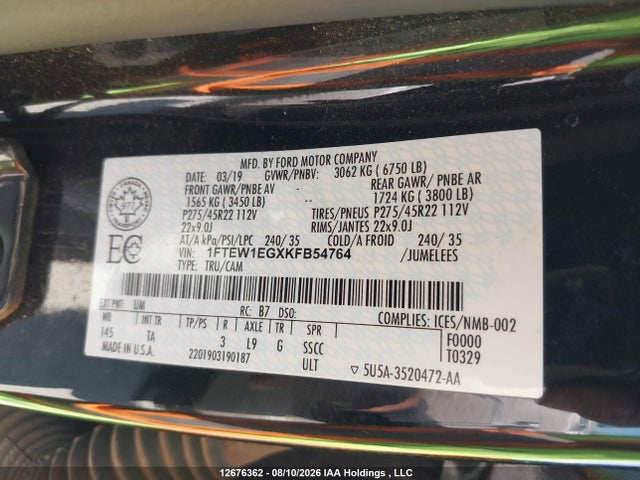 Aukcja sprzedaży 2019 Ford F-150 Limited, vin: 1FTEW1EGXKFB54764, numer aukcji: 12676362