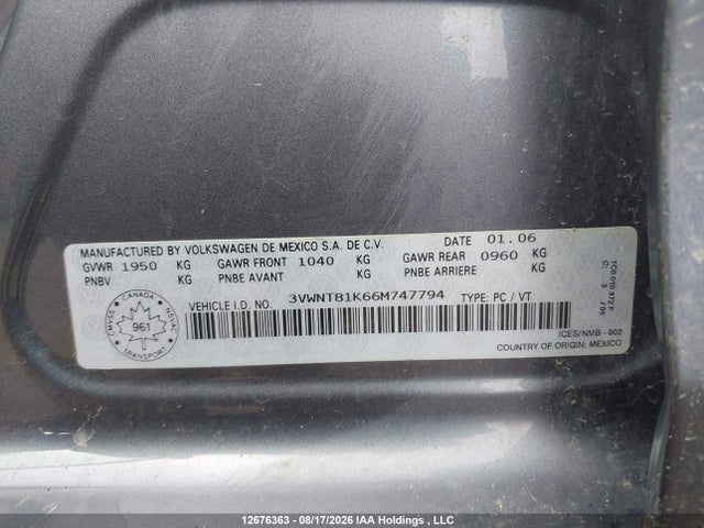 12676363 :رقم المزاد ، 3VWNT81K66M747794 vin ، 2006 Volkswagen Jetta Tdi مزاد بيع