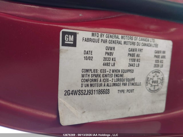 12676369 :رقم المزاد ، 2G4WS52J931186603 vin ، 2003 Buick Century Custom مزاد بيع