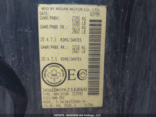 Продажа на аукционе авто 2015 Nissan Murano Platinum/sl/sv, vin: 5N1AZ2MH3FN216860, номер лота: 12676375