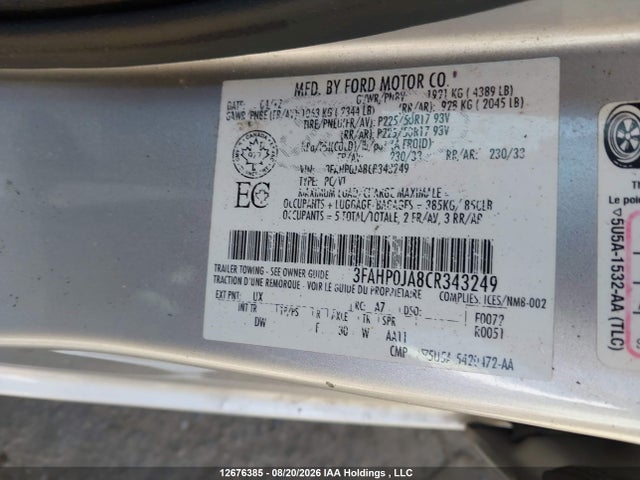 12676385 :رقم المزاد ، 3FAHP0JA8CR343249 vin ، 2012 Ford Fusion Sel مزاد بيع