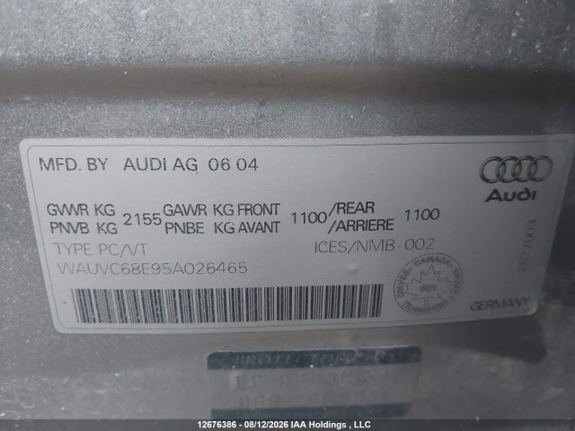 Продажа на аукционе авто 2005 Audi A4 1.8t Avant Quattro/spcl, vin: WAUVC68E95A026465, номер лота: 12676386