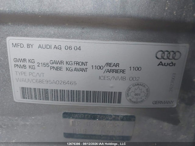 Продажа на аукционе авто 2005 Audi A4 1.8t Avant Quattro/spcl, vin: WAUVC68E95A026465, номер лота: 12676386