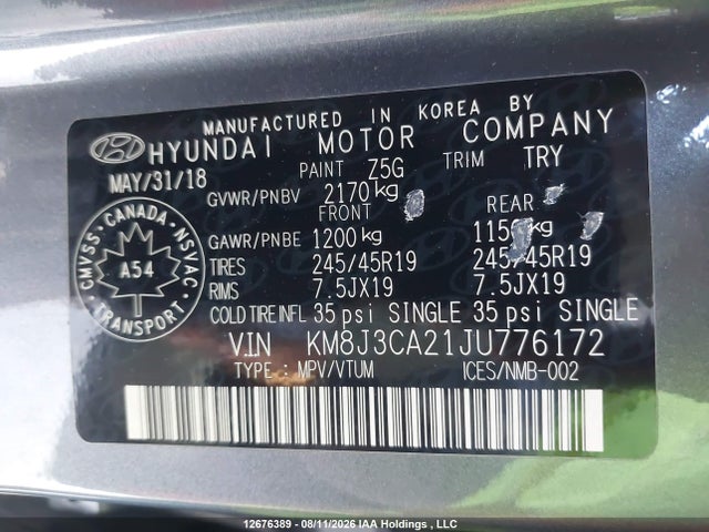 Продаж на аукціоні авто 2018 Hyundai Tucson Limited/sport And Eco/se, vin: KM8J3CA21JU776172, номер лоту: 12676389