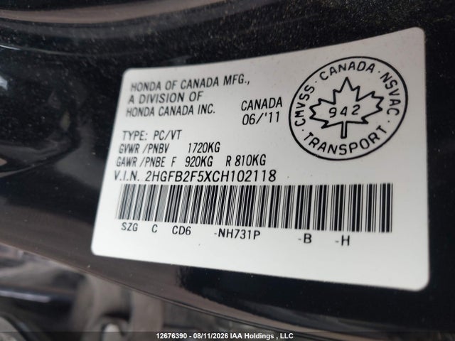 Aukcja sprzedaży 2012 Honda Civic Lx, vin: 2HGFB2F5XCH102118, numer aukcji: 12676390