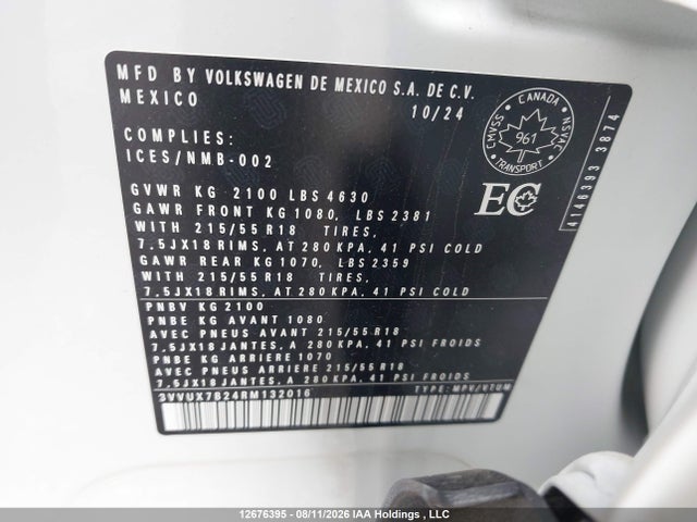 Aukcja sprzedaży 2024 Volkswagen Taos Comfortline, vin: 3VVUX7B24RM132016, numer aukcji: 12676395