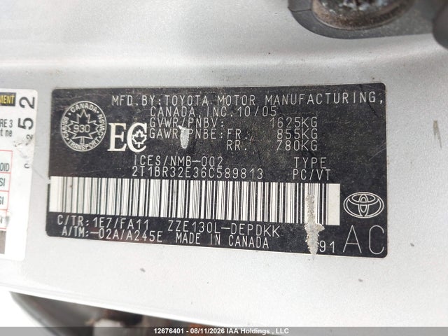 Продажа на аукционе авто 2006 Toyota Corolla, vin: 2T1BR32E36C589813, номер лота: 12676401