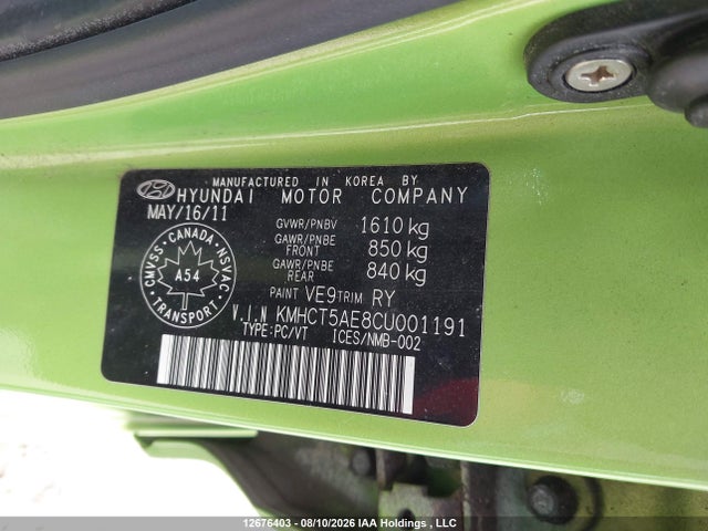 2012 Hyundai Accent Gl მანქანა იყიდება აუქციონზე, vin: KMHCT5AE8CU001191, აუქციონის ნომერი: 12676403