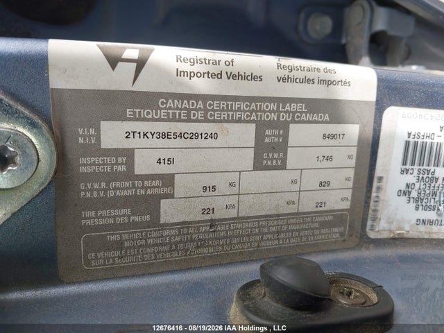 Aukcja sprzedaży 2004 Toyota Corolla Matrix Xrs, vin: 2T1KY38E54C291240, numer aukcji: 12676416
