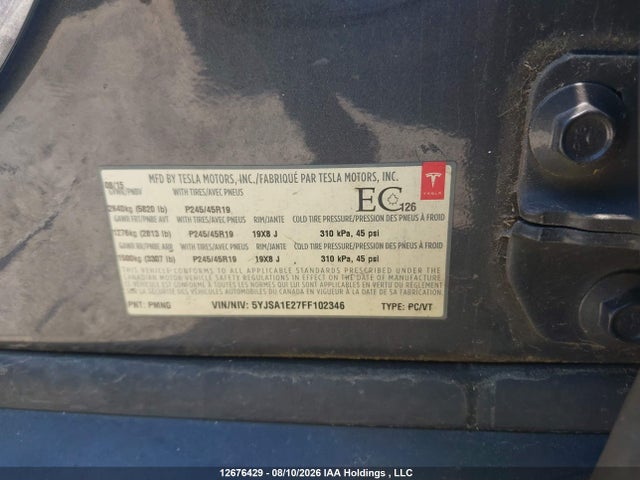 Aukcja sprzedaży 2015 Tesla Model S, vin: 5YJSA1E27FF102346, numer aukcji: 12676429
