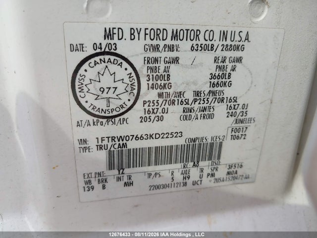 Продажа на аукционе авто 2003 Ford F-150 Lariat/xlt, vin: 1FTRW07663KD22523, номер лота: 12676433