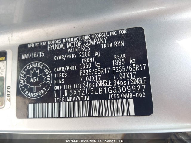 Продаж на аукціоні авто 2016 Hyundai Santa Fe, vin: 5XYZU3LB1GG309927, номер лоту: 12676439