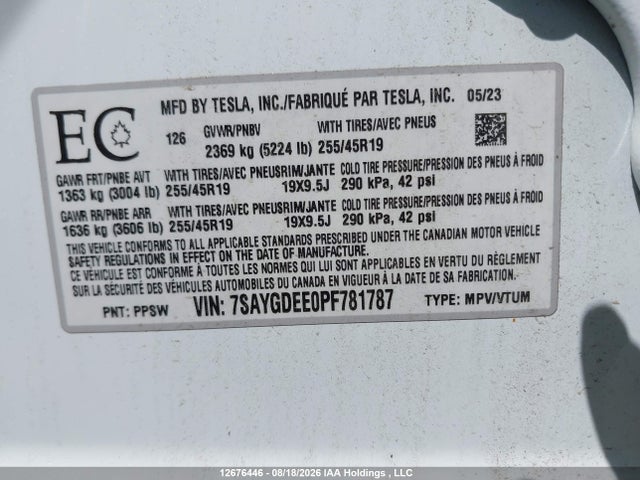 Продажа на аукционе авто 2023 Tesla Model Y Long Range, vin: 7SAYGDEE0PF781787, номер лота: 12676446