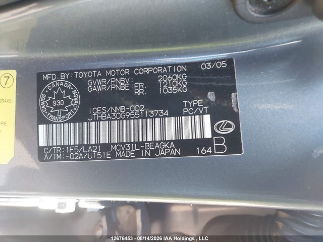 Продажа на аукционе авто 2005 Lexus Es 330, vin: JTHBA30G955113734, номер лота: 12676453