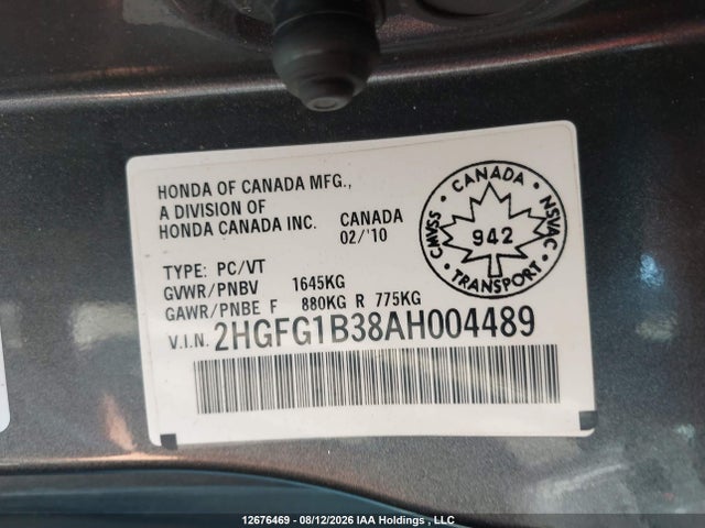 Продажа на аукционе авто 2010 Honda Civic Dx-g, vin: 2HGFG1B38AH004489, номер лота: 12676469