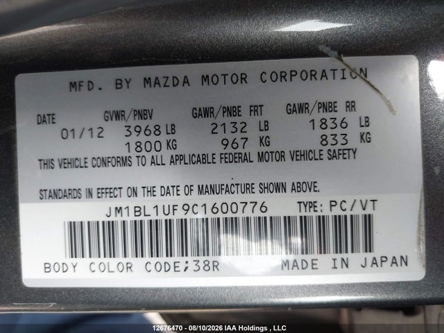 Aukcja sprzedaży 2012 Mazda Mazda3 Gx, vin: JM1BL1UF9C1600776, numer aukcji: 12676470