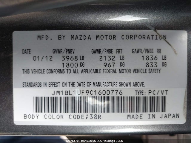 Aukcja sprzedaży 2012 Mazda Mazda3 Gx, vin: JM1BL1UF9C1600776, numer aukcji: 12676470
