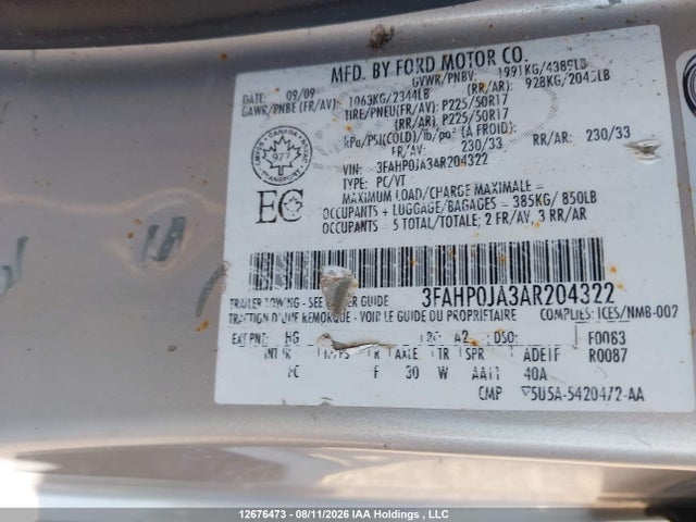 Aukcja sprzedaży 2010 Ford Fusion, vin: 3FAHP0JA3AR204322, numer aukcji: 12676473