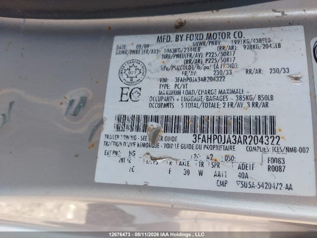 Aukcja sprzedaży 2010 Ford Fusion, vin: 3FAHP0JA3AR204322, numer aukcji: 12676473