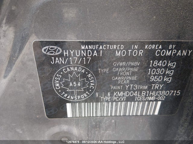 12676475 :رقم المزاد ، KMHD04LB1HU380715 vin ، 2017 Hyundai Elantra Sport مزاد بيع
