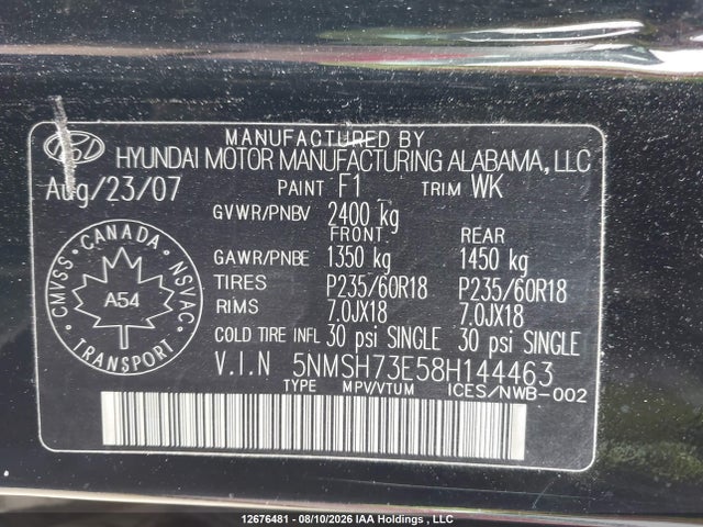 Aukcja sprzedaży 2008 Hyundai Santa Fe Limited, vin: 5NMSH73E58H144463, numer aukcji: 12676481