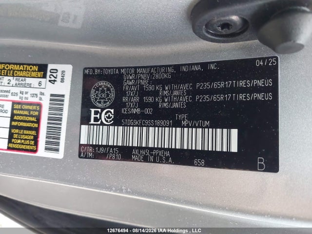 5TDGSKFC9SS189091 Toyota Sienna Le 8-passenger