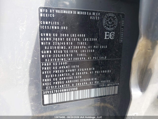Продаж на аукціоні авто 2022 Volkswagen Taos, vin: 3VV2X7B29NM055998, номер лоту: 12676498