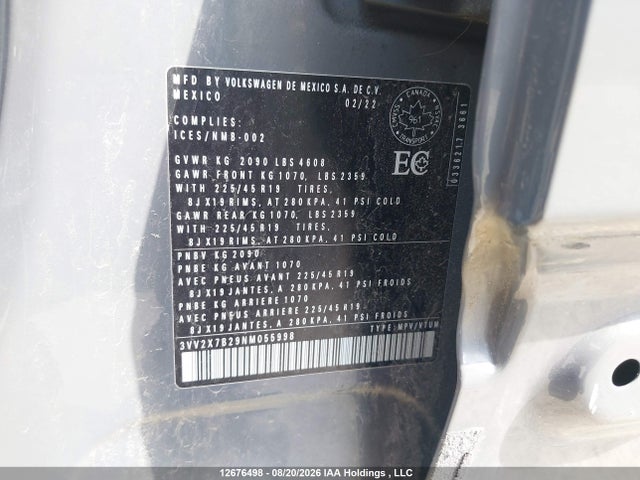 Продаж на аукціоні авто 2022 Volkswagen Taos, vin: 3VV2X7B29NM055998, номер лоту: 12676498
