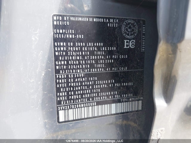 Продаж на аукціоні авто 2022 Volkswagen Taos, vin: 3VV2X7B29NM055998, номер лоту: 12676498