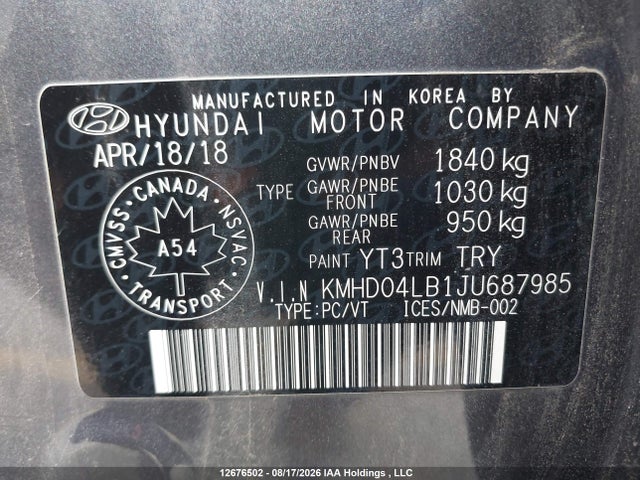 KMHD04LB1JU687985 Hyundai Elantra Sport
