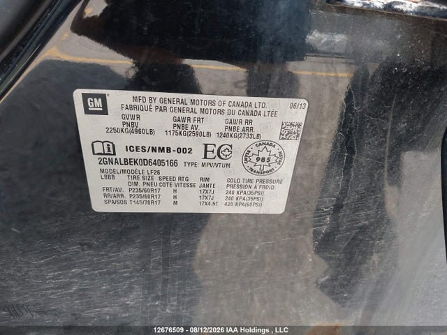 12676509 :رقم المزاد ، 2GNALBEK0D6405166 vin ، 2013 Chevrolet Equinox Ls مزاد بيع