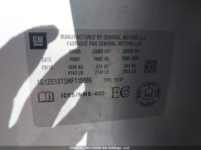 2017 Chevrolet Malibu 1lt მანქანა იყიდება აუქციონზე, vin: 1G1ZE5ST5HF115689, აუქციონის ნომერი: 12676518