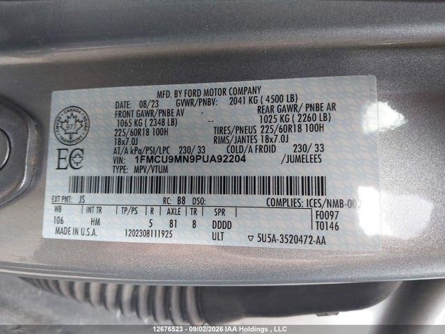 12676523 :رقم المزاد ، 1FMCU9MN9PUA92204 vin ، 2023 Ford Escape St Line مزاد بيع