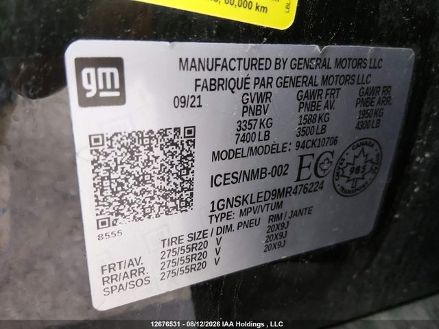 12676531 :رقم المزاد ، 1GNSKLED9MR476224 vin ، 2021 Chevrolet Tahoe K1500 مزاد بيع