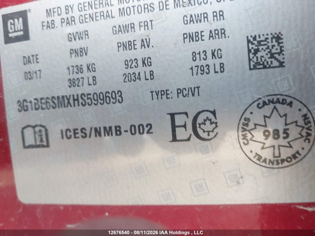 Chevrolet CRUZE LT 2017 3G1BE6SMXHS599693 Image 9