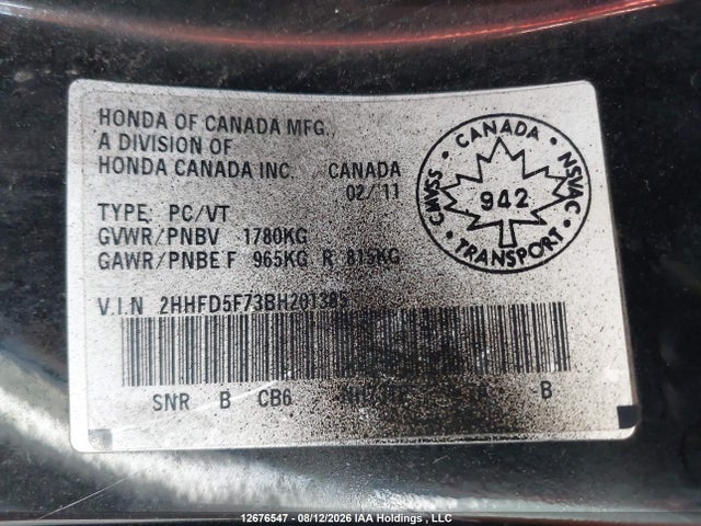 Продаж на аукціоні авто 2011 Acura Csx I-tech, vin: 2HHFD5F73BH201385, номер лоту: 12676547